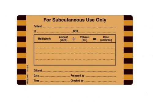 Subcutaneous Use Only 50mm x 60mm Labels 250 Roll